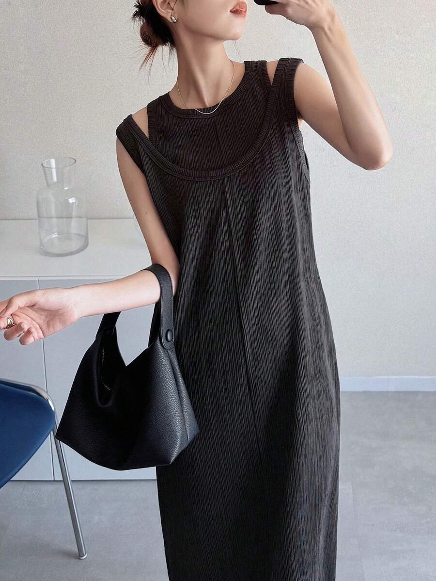 FRIFUL 女士纯色纹理镂空两件套长裙，夏季无袖连衣裙，毕业典礼 - 灰色 - 查看 1