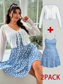 SHEIN EZwear Set de 2 piezas talla grande: Cárdigan blanco y vestido camisero con estampado floral diminuto