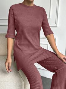 EURMUSE 100%Cotton Drop Shoulder Tee & Pants - Dusty Pink - View 5