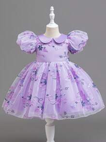 SHEIN Glamorique Kids Girls Floral Waist Bubble Dress With Mesh Puff Sleeves, Elegant Party Dress For Toddler, All Season Princess Dresses For Girls Party Dresses For Kids