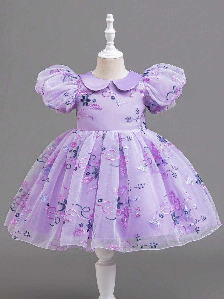 SHEIN Glamorique Kids Girls Floral Waist Bubble Dress With Mesh Puff Sleeves, Elegant Party Dress For Toddler, All Season Princess Dresses For Girls Party Dresses For Kids