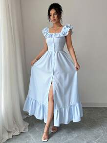 Elenzga 法式条纹荷叶边盖袖收腰优雅长衬衫裙，适合女士/条纹/商务休闲女士/度假装女士/极简主义/裹身裙