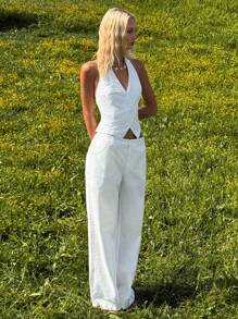 SHEIN EZwear 女士休闲白色套装：秋冬 100% 纯棉无袖露背上衣和舒适阔腿裤 - 白色 - 查看 5