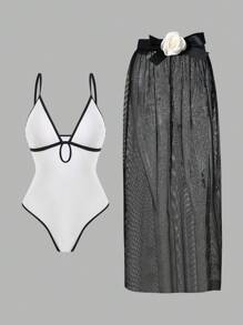 Swim Oasis 2pcs Solid Color Contrast Trim One Piece Swimsuit & Mesh Floral Decor High-End Fashion Swimsuit Set For Women, Summer Beach - Black and White - View 3
