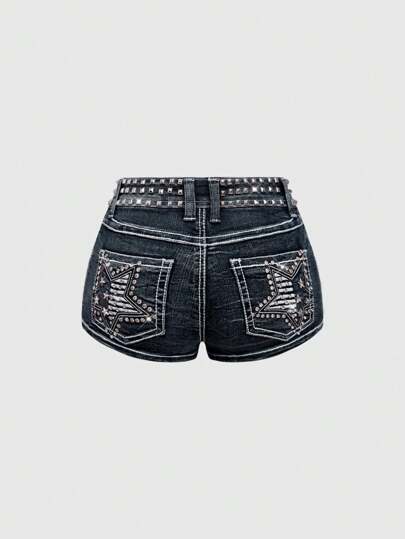 Grunge Punk Short en jean taille super basse pour femmes avec rivets et motif de strass étoile style vintage Y2K. Polyvalent pour de multiples occasions