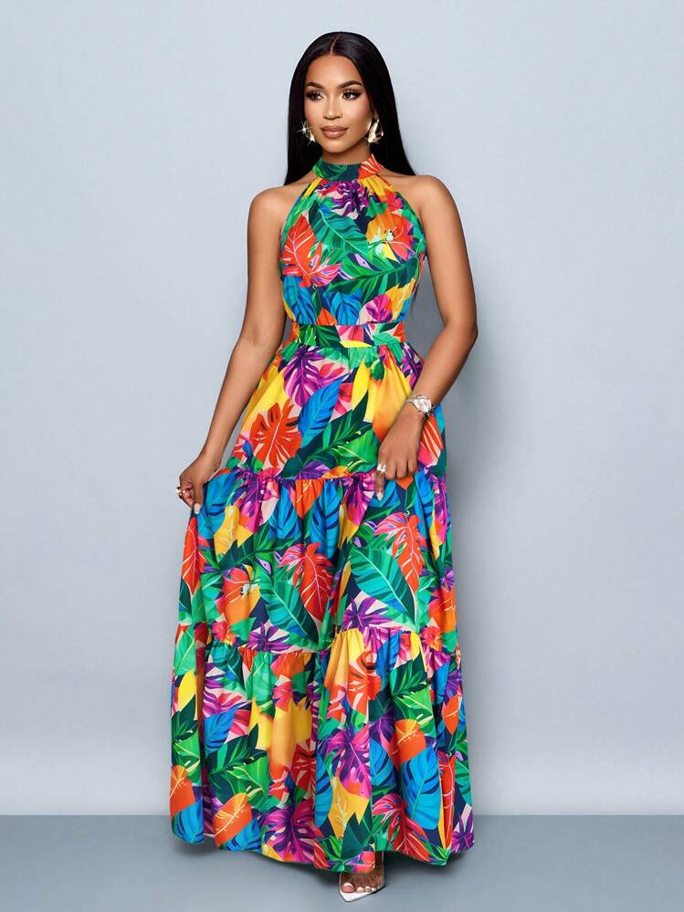 SOLERSUN Vestido largo de mujer con estampado floral en todo el vestido, estilo halter con cinturón, fluido para vacaciones - Multicolor - Añade 8