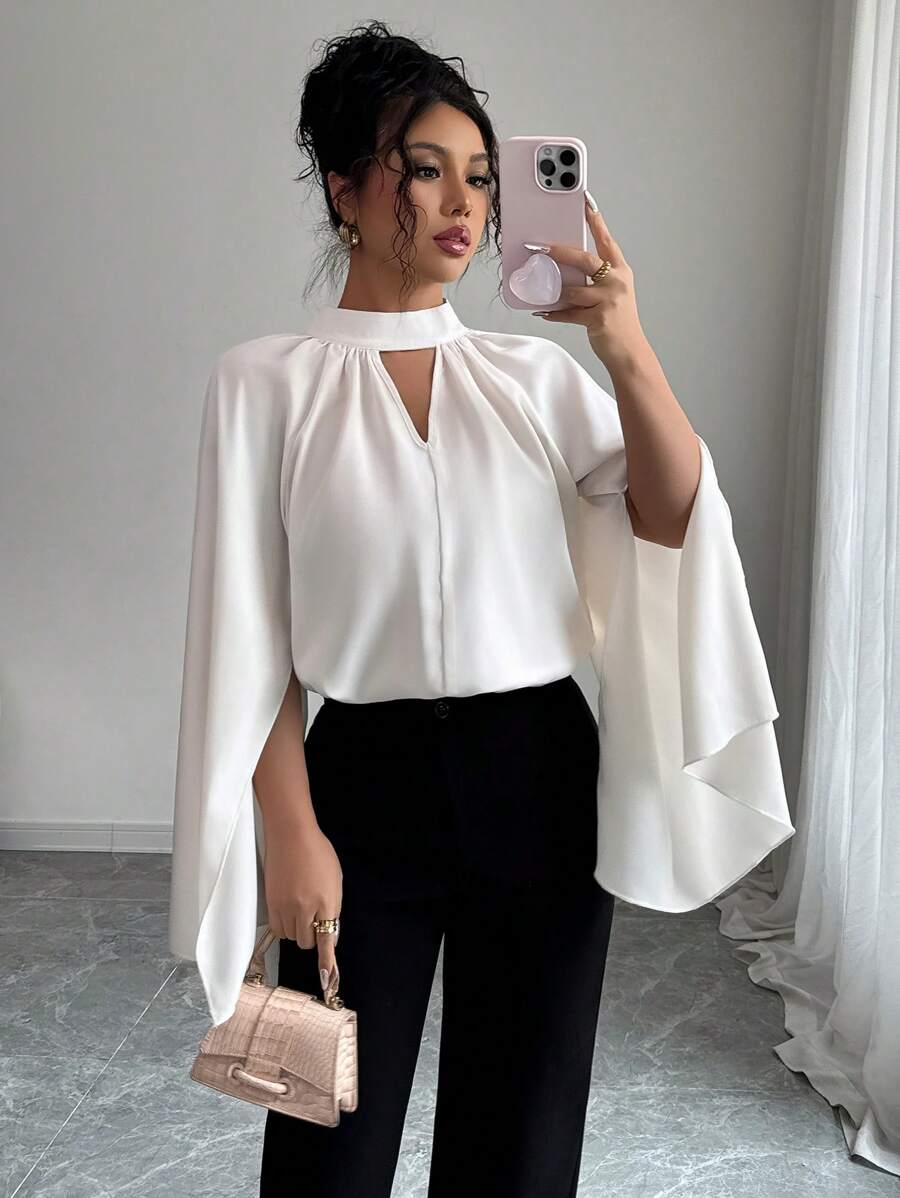 Elenzga Blusa ajustada de gasa con mangas acampanadas elegantes y cuello mao para mujeres, para verano