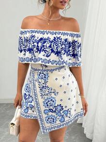 Elenzga Conjunto de 2 peças com Blusa Floral Estampada de Ombro Único e Saia Midi com Bainha Assimétrica para Mulheres Plus Size