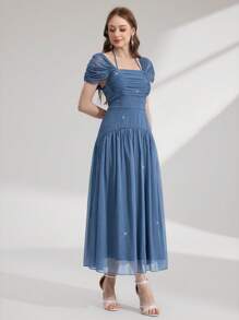 Poshira High-End Formal Gown With Fold Pleated Patchwork Design, Elegant Celebrity Party Dress Luxurious Women's Evening Dresses Soft Dress, Prom Dress - Dusty Blue - View 6