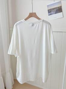 SHEIN EZwear 超大号休闲女孩旅行度假水果花卉印花图案圆领短袖宽松T恤女式度假上衣 - 白色 - 查看 2