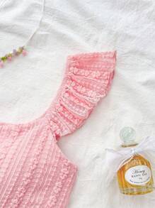 SHEIN 少女休闲家居服，蕾丝边针织弹力荷叶边下摆T恤套装/两件套，蝴蝶结，可爱甜美，少女风，适合约会、上学、日常休闲外出穿着 - 粉色 - 查看 4