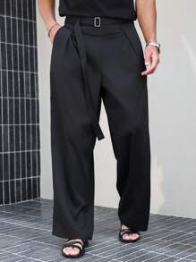 Manfinity Roghcode 男士黑色高腰褶皱阔腿裤，秋季 - 黑色 - 查看 4