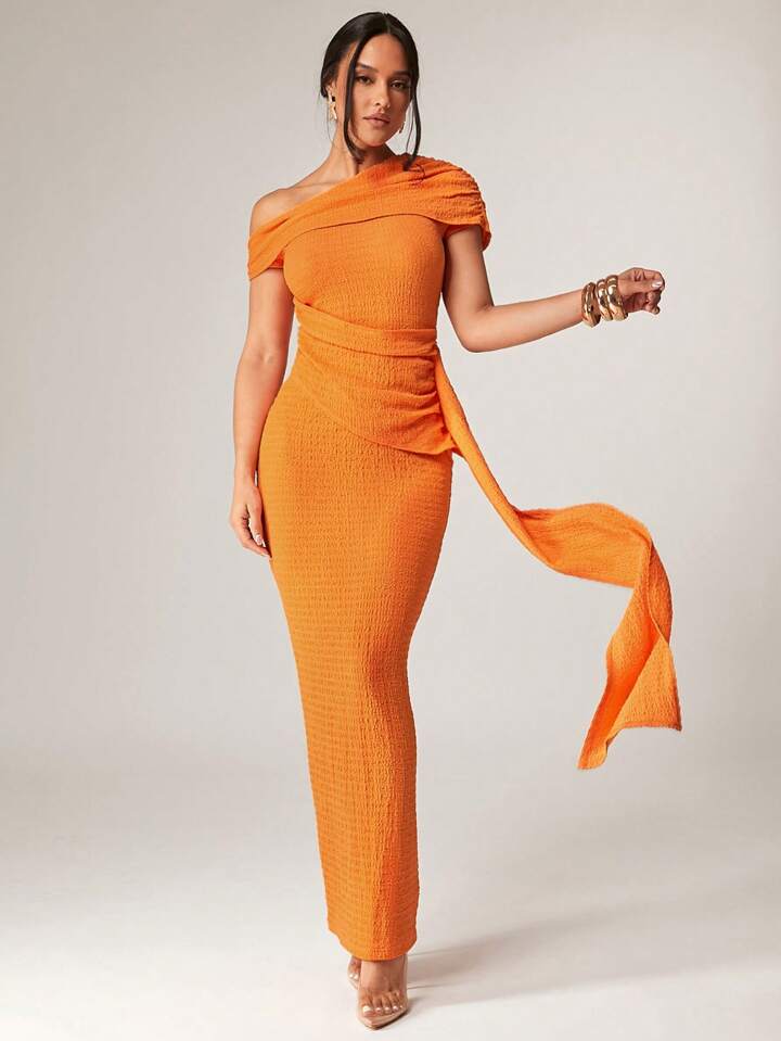 Silquee Women's Summer Stretch Textured Fabric Orange Dress, Sexy Elegant Pleated Asymmetric Drape Dress Summer, Women's Summer Clothing, Summer Clothing, Women's Elegant Clothing, Women's Summer Dress Graduation Dress, Flowy Dress Festival Summer Beach Vacation