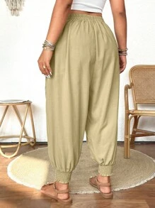 Calvaya Pantalones casuales sueltos de talla grande para mujer, de unicolor, con cintura elástica, bolsillos y cordón, hasta el tobillo - Caqui - Ver 2