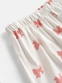 2 Stücke Set für Teenager Mädchen mit niedlicher Schleife, V-Ausschnitt Kurzarm T-Shirt mit Tasche und gerade geschnittener Hose als Loungewear Schlafanzug