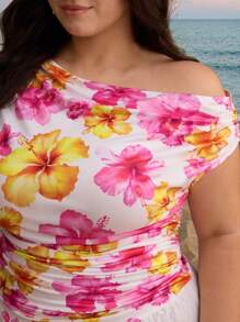 SHEIN MOD Plus Size Women's Ruched Asymmetrical Shoulder Floral Print T-Shirt, Vacation/Summer - Multicolor - View 7