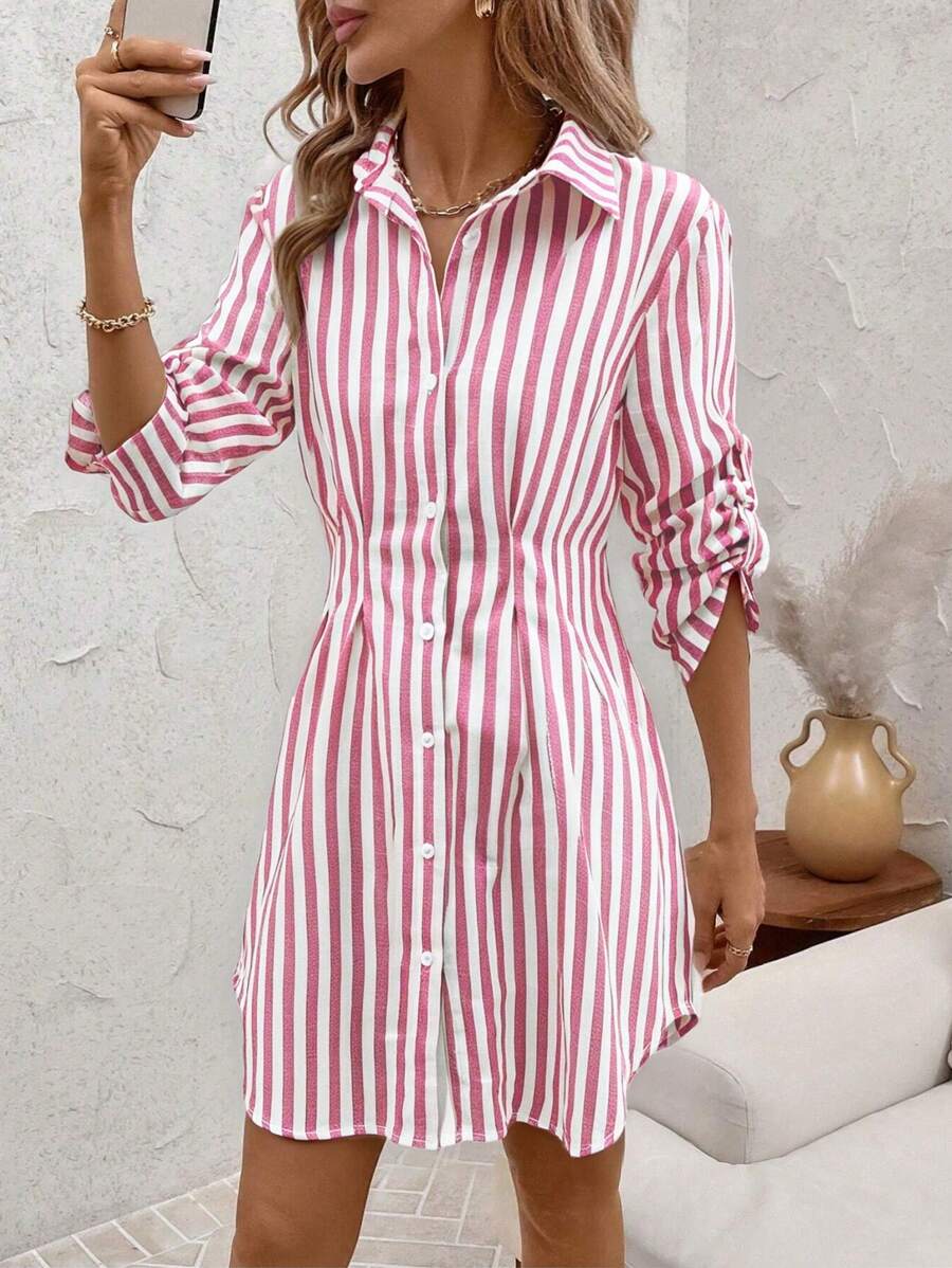 SHEIN Clasi Vestido de camisa corto con cuello de camisa elegante y a rayas de moda para mujer, vestido para el Día de la Madre para uso casual, de oficina y de viaje. Nuevo vestido de camisa a cuadros de moda para ir al trabajo, salir, citas. Vestidos de verano 2025 para mujeres, vestidos de graduación, ropa de verano para mujeres, vestidos cortos de verano para el trabajo y el verano. - Multicolor - Ver 1