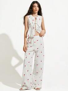 Aveloria GENKIRA Top com Bordado e Atacador + Calças Soltas de Cintura Elástica, Conjunto de 2 Peças, Estilo Doce, Roupa Leve de Verão para Mulher - Branco - Ver 5