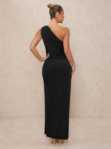 Lumalex Women's Metal Decor Ruched Twist Bodycon Extra Long Dress, One Shoulder - Black - View 2