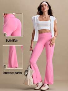 SHEIN Sovereign Charm Women's Plain Color Casual Flared Leg Pants, Minimalist Fashion Suitable - Pink - View 6