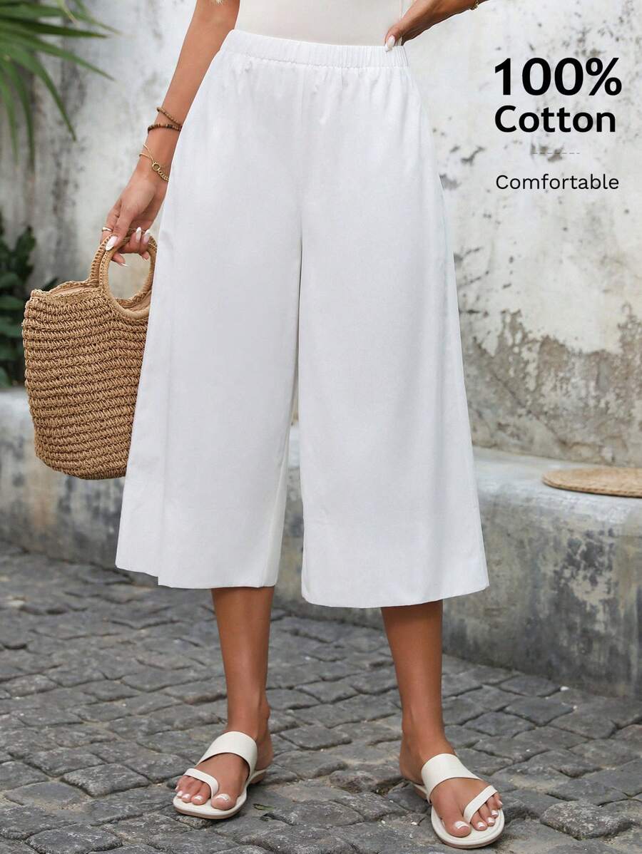 EMERY ROSE Quần Palazzo trơn màu dành cho nữ, quần Capri màu trắng mặc thường ngày, đi nghỉ hè, quần mùa hè cotton 100% dành cho nữ - trắng - Xem 1