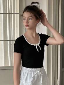 DAZY 青少年女孩时尚撞色短袖圆领 T 恤，适合夏季、返校服装 - 黑色 - 查看 6