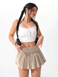 SHEIN EZwear 女士纯色褶皱休闲短裙，夏季时尚 - 卡其色 - 查看 6