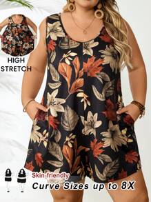 SHEIN CURVE+ 大码女式夏季纯色圆领口袋休闲连体衣，女士度假装，女士沙滩装/沙滩裙/沙滩度假装/沙滩必需品/毕业/茶会礼服，夏季/乡村/海滩度假装/沙滩装/沙滩装 - 彩色 - 查看 5