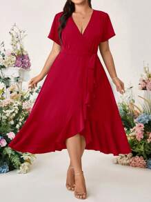 Cravure Plus Size Women Solid Color Ruffle Hem Short Sleeve Casual Fashionable Dress - Burgundy - View 1