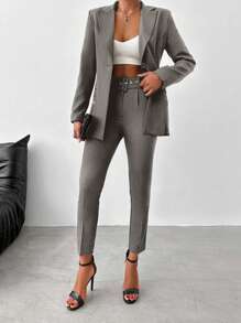 EURMUSE Ladies' Solid Color Lapel Single Button Suit Jacket And Pants Set - Grey - View 1