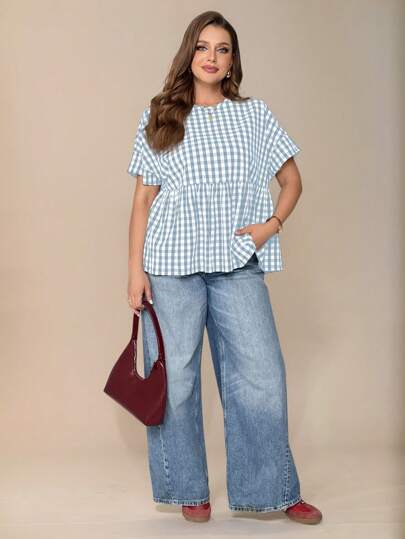 SHEIN Essnce Plus Size Ladies Spring And Summer Fashion Casual Loose Comfortable Daily Blue And White Plaid Short Sleeve Cute Blouse,Summer,Brunch,Minimalist,Cute Tops,Old Money Style,Vacation,Business Casual