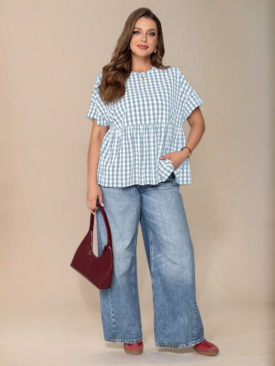 SHEIN Essnce Plus Size Ladies Spring And Summer Fashion Casual Loose Comfortable Daily Blue And White Plaid Short Sleeve Cute Blouse,Summer,Brunch,Minimalist,Cute Tops,Old Money Style,Vacation,Business Casual - Baby Blue - View 1