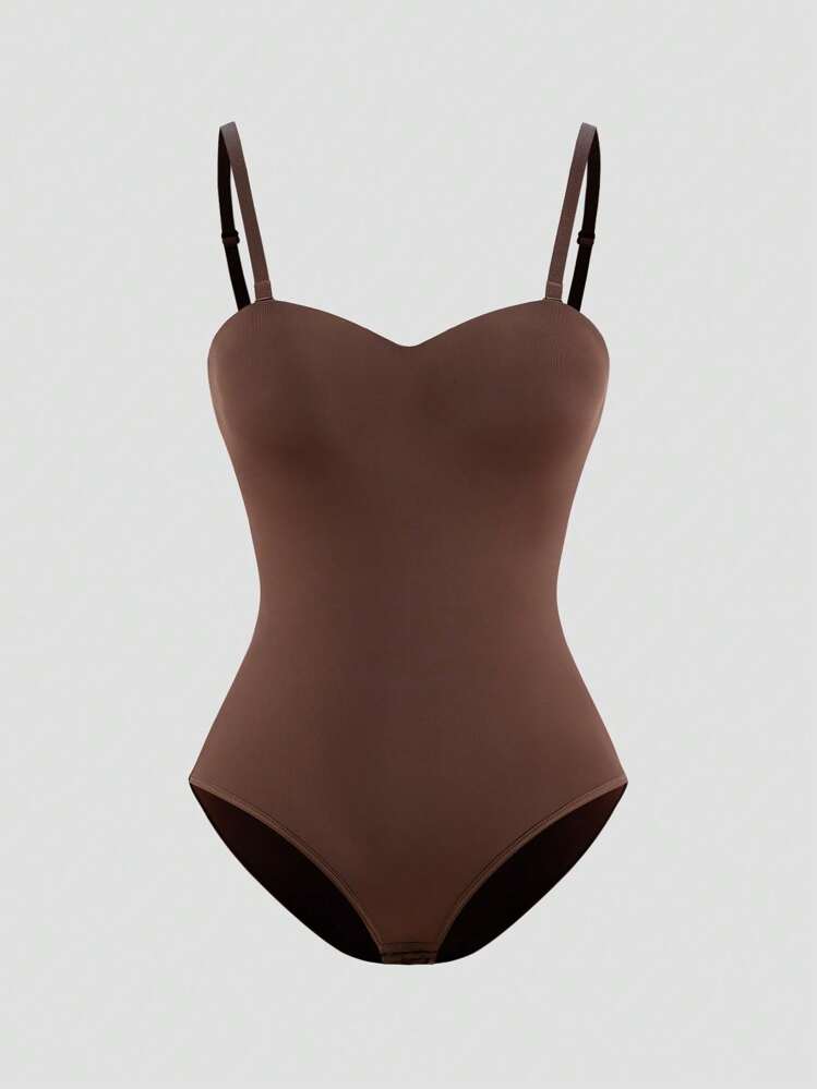 SHAPORA 1pc Women's Plain Color Fashionable Bodysuit Shapewear, Suitable For Summer - Brown - View 1