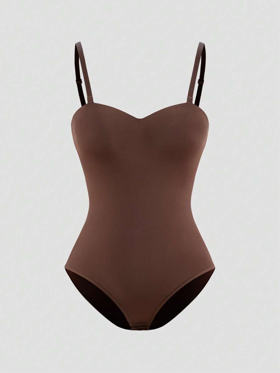SHAPORA 1pc Women's Plain Color Fashionable Bodysuit Shapewear, Suitable For Summer - Brown - View 1