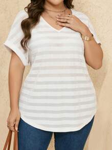 EMERY ROSE Plus Size Women's Summer Striped V Neck Batwing Sleeve Short Sleeve Casual T-Shirt Tunic Top, Fashionable And Elegant Summer Dress, Business Casual Women's Dress, Women's Graduation Dress, Women's Wedding Guest Dress, Graduation Dress, Women's Work Dress,Going Out Tops - Apricot - View 4