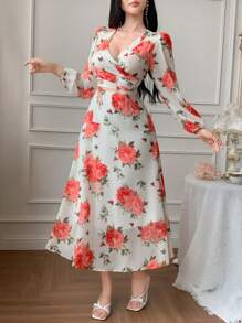 DAZY 女士花卉印花重叠V领灯笼袖优雅度假连衣裙，秋季连衣裙长袖连衣裙 - 白色 - 查看 4
