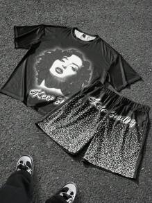 Manfinity Roghcode Men Young Street Style Portrait & Letter Print T-Shirt Set - Black - View 1