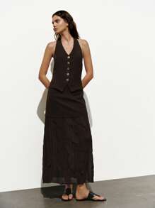 Lumivelle Women's Fashion Minimalist V-Neck Sleeveless Tie Camisole + Chiffon Pleated Hem A-Line Skirt 2 Pieces Set