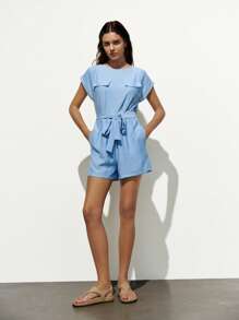 Lumivelle 女士亚麻混纺蝴蝶结裹身阔腿连体裤 - 藍色 - 查看 3