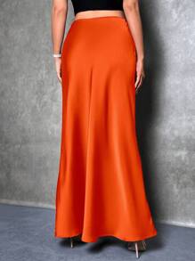SHEIN Tall 女士纯色高腰缎面长裙 - 亮橙色 - 查看 2