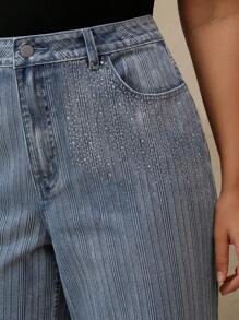 Anewsta Jeans droits amples simples avec ornements de strass, grande taille femme - Bleu azur - Voir 3