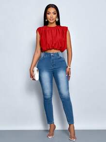 SOLERSUN Camisa sin mangas con plisado de unicolor para uso diario de mujer en primavera y verano - Rojo - Ver 3