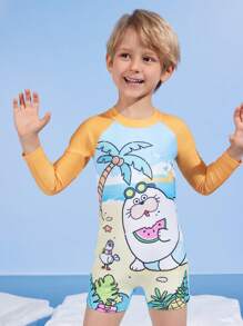 SEALOOK X SHEIN Young Boy Colorblock Cartoon Pattern One-Piece Long Sleeve Swimsuit - Multicolor - View 3