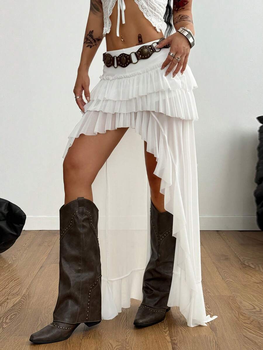 Coolane Women's Summer Music Festival Hippie Boho Western Wear Y2K Fairycore Mesh White Irregular Hem Pleated Skirt