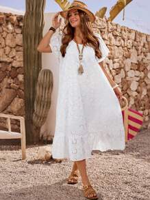 EMERY ROSE 大码女式花卉刺绣荷叶边下摆短袖度假连衣裙 - 白色 - 查看 4