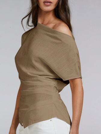 Athîral 女式夏季纯色不对称领口褶皱时尚衬衫上衣