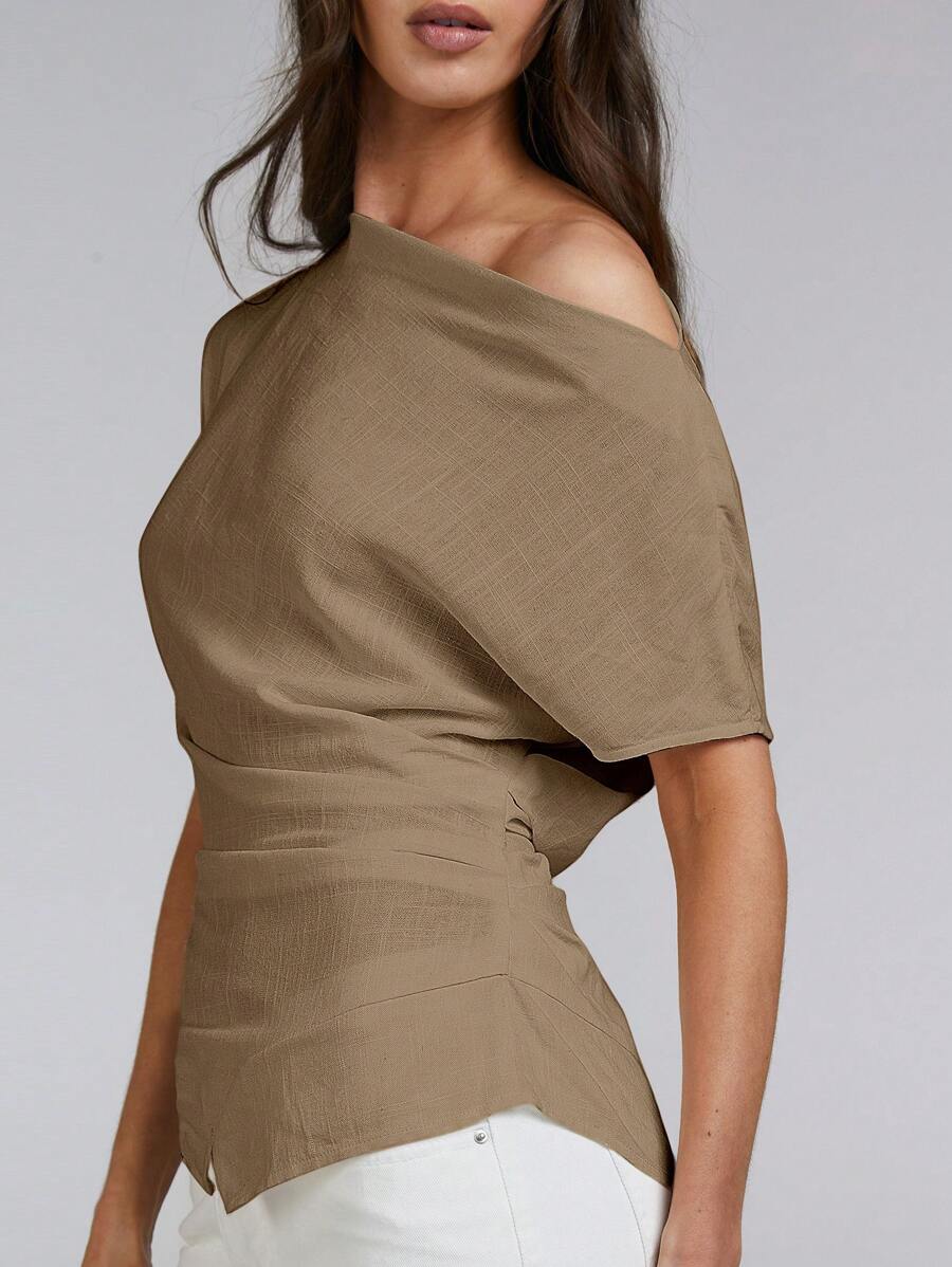 Athîral 女式夏季纯色不对称领口褶皱时尚衬衫上衣 - 軍綠色 - 查看 1