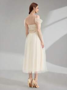 Poshira Abito da donna di colore unito, adatto per feste, abito da sera lussuoso alla moda per l'estate, abito morbido con pizzo bianco, vestito da cerimonia