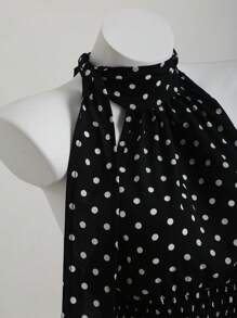 Elamini Women's Black & White Polka Dot Backless Cinched Waist Tank Top, Asymmetric Neckline, Versatile For Commuting, Vacation, Beach, Casual Dating, Summer
