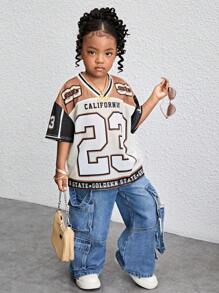 Camiseta casual de niña con cuello en V y estampado de números de punto